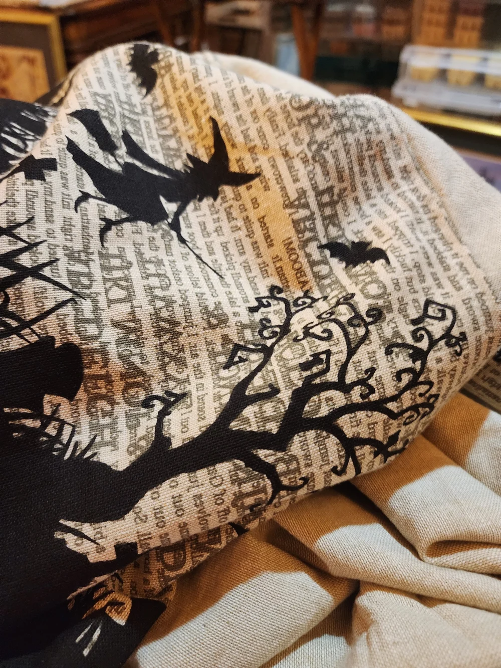 Beige and Black Halloween Dinner Table Cloth Vintage Print Witches Bats Trees